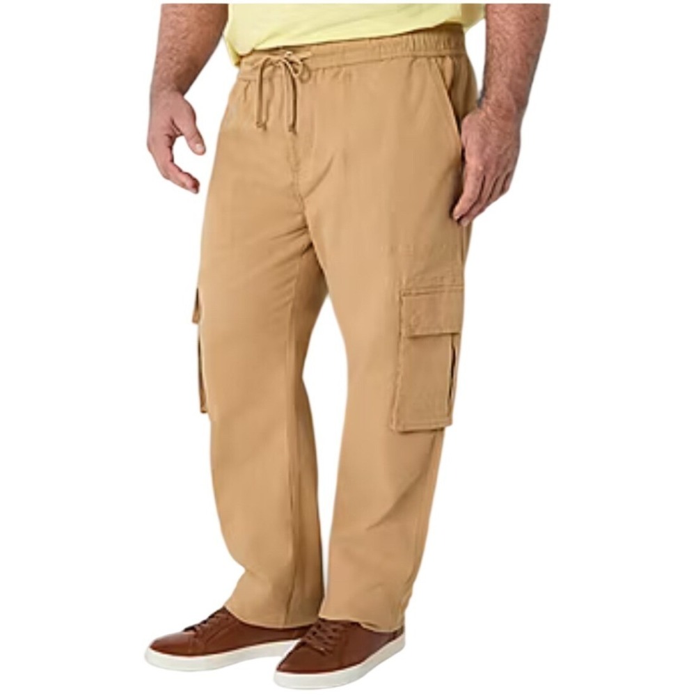 Mutual Weave Mens 4XL Big Tall Tan Pull‎ On Cargo Pants Relaxed Taper Drawstring